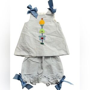 The Bailey Boys Girls Blue Seersucker Top Bloomers Outfit Bird Birdhouses Sz 24M